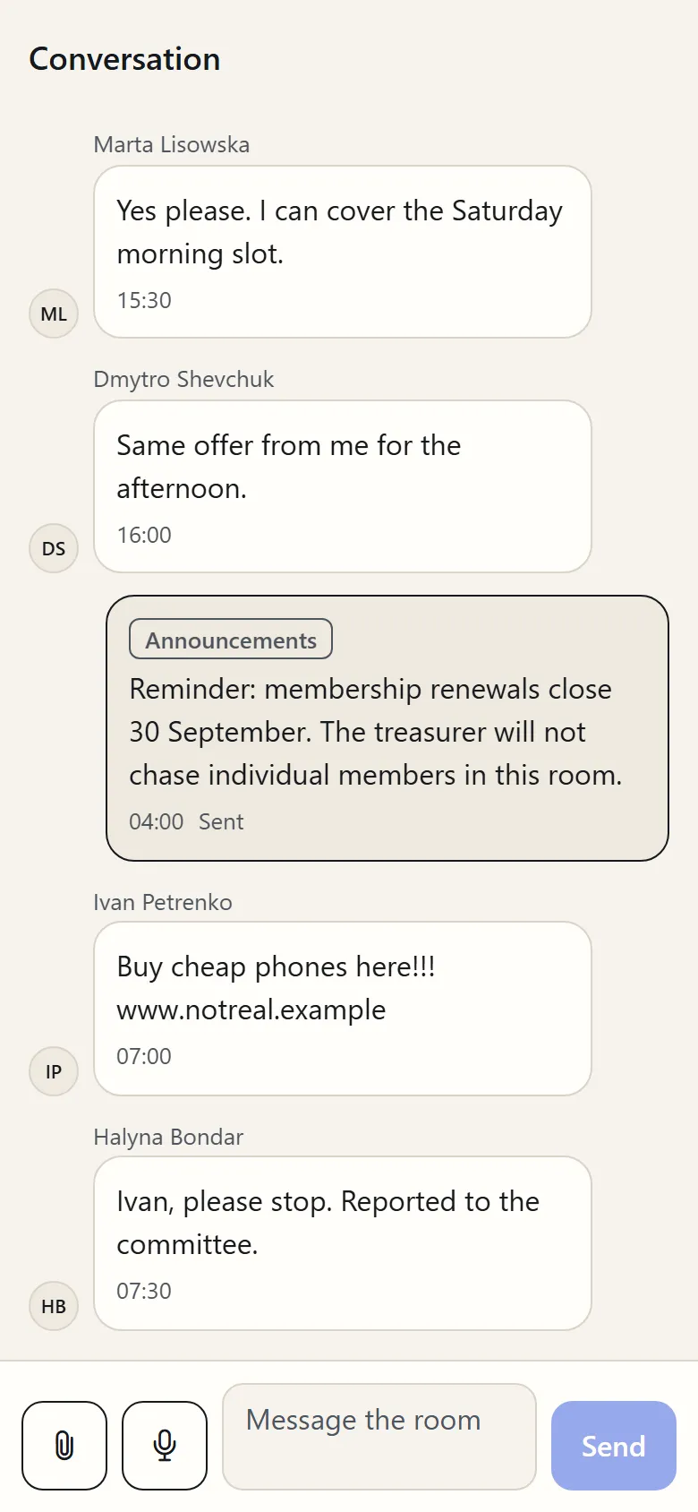 A room conversation: two members’ messages and a pinned announcement.