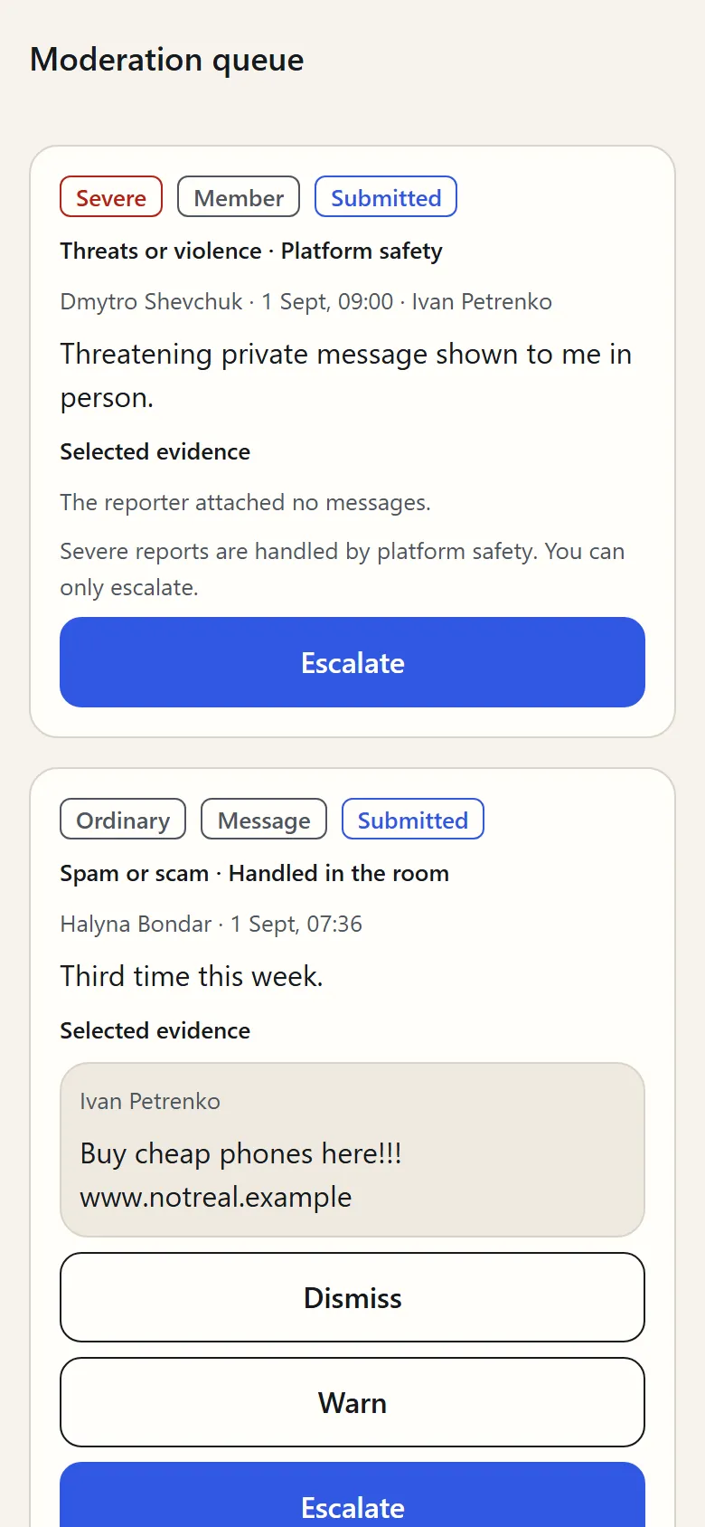 The moderation queue: a severe report that the organiser can only escalate to platform safety.