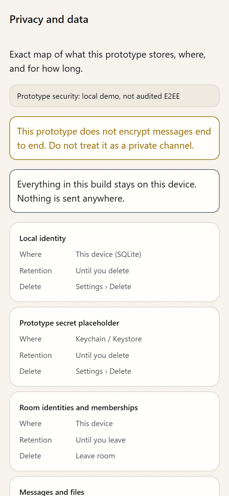 The Privacy and data screen: the prototype security notice, a line saying everything in this build stays on this device, and the start of a table of what the app stores, where and for how long.