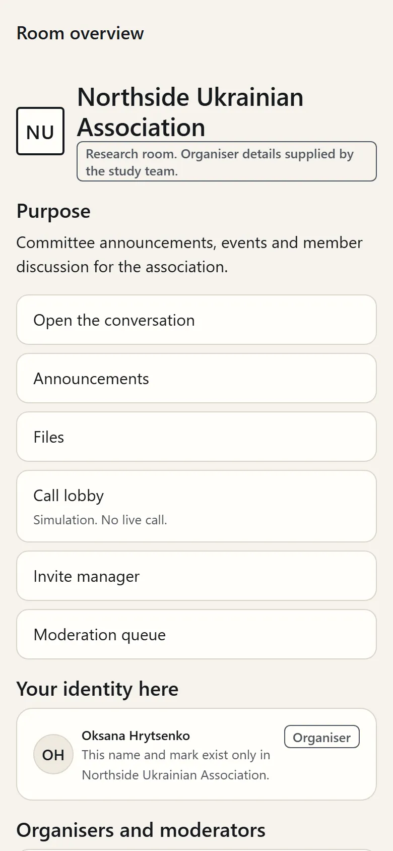 Room overview: purpose, links to the conversation, announcements, files, the invite manager and the moderation queue.